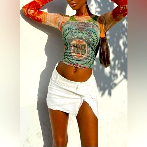 Unique Banknote Long Sleeve Graphic Crop Sexy Mesh Sheer Streetwear T Shirts - Picture 14 of 15